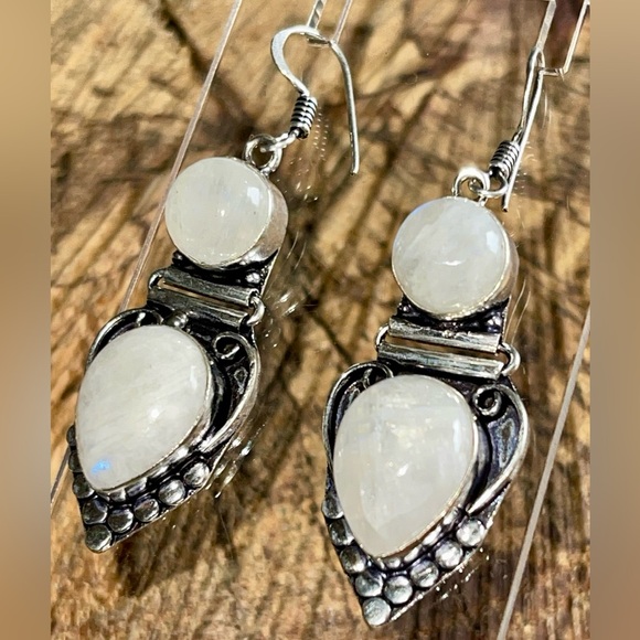 Rainbow Moonstone Earrings 2 1/4” - Picture 2 of 8